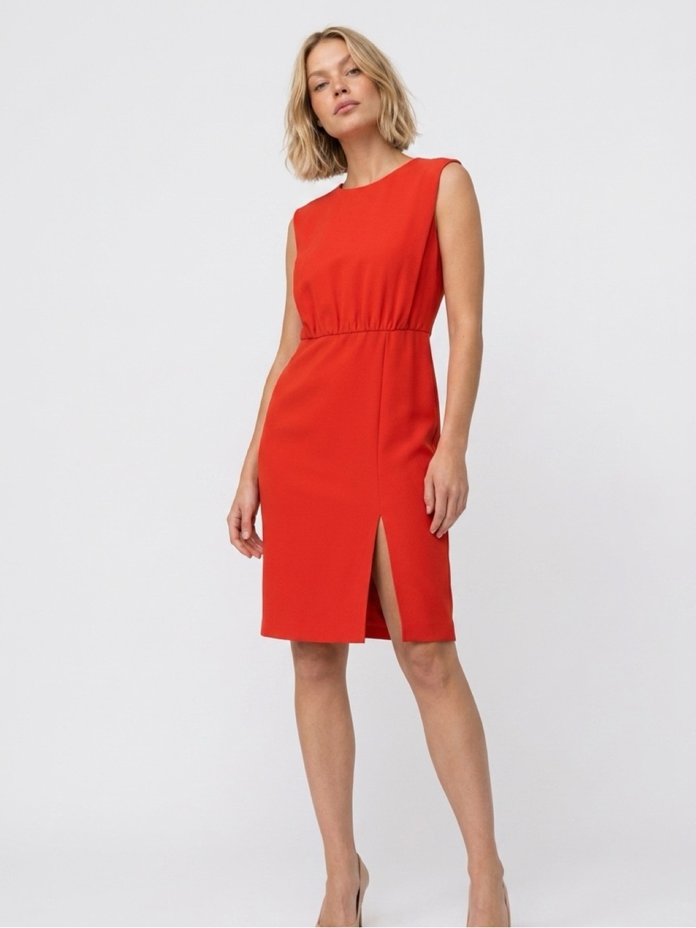 Donna Morgan Vibrant Red Sleeveless Midi Dress with Side Slit